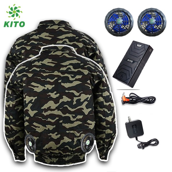 Combo 2 Áo Điều Hòa KITO Kaki Không Mũ Rằn Ri Đen, Pin 26.000mAh, Quạt 13V, Tặng 2 Túi Đá